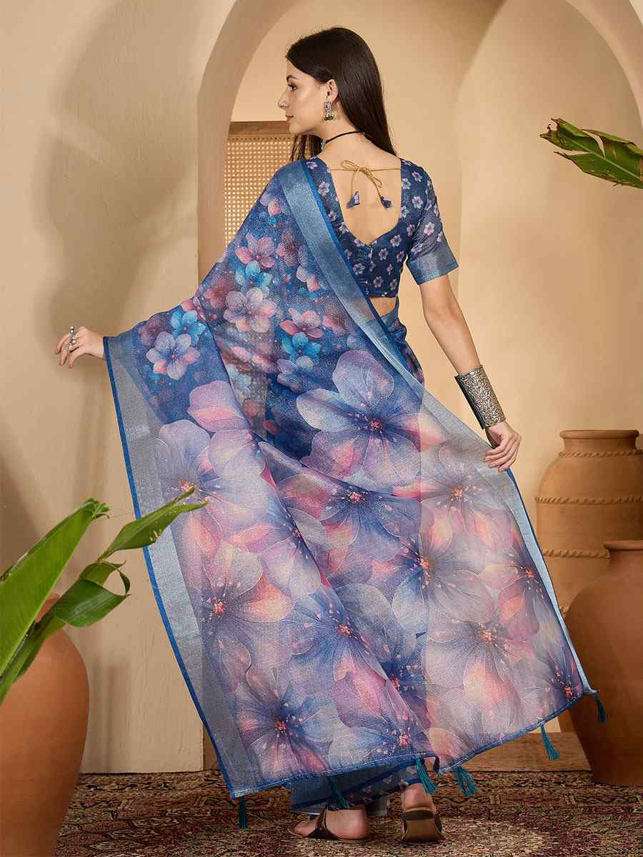 Blue Linen Zari Silver Printed Casual Reception Festival Wedding Fancy Classic Style Sarees