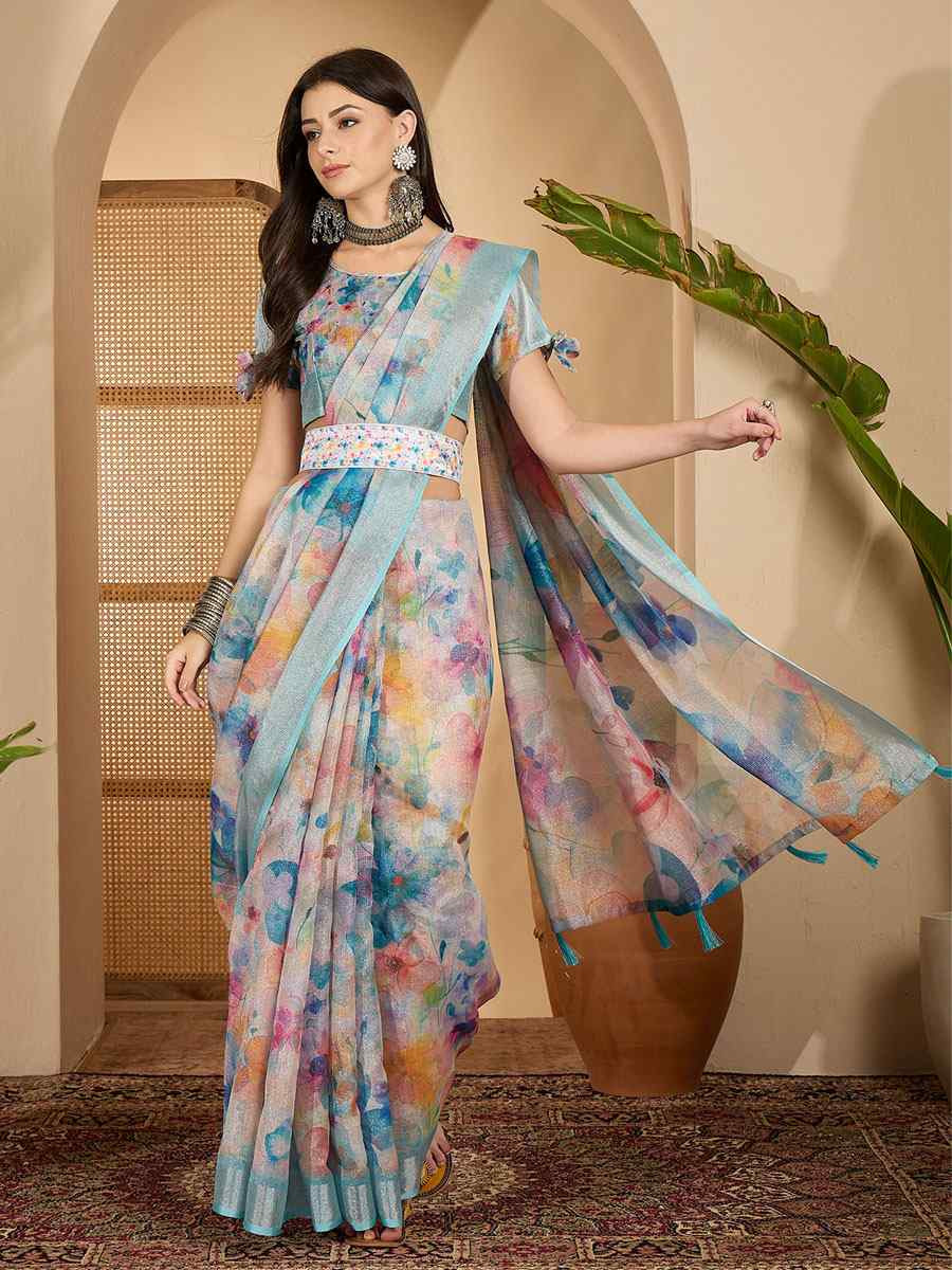 Blue Linen Zari Silver Printed Casual Reception Festival Wedding Fancy Classic Style Sarees