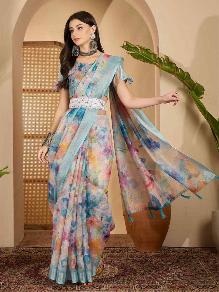 Image of Blue Linen Zari Silver Printed Casual Reception Festival Wedding Fancy Classic Style Sarees