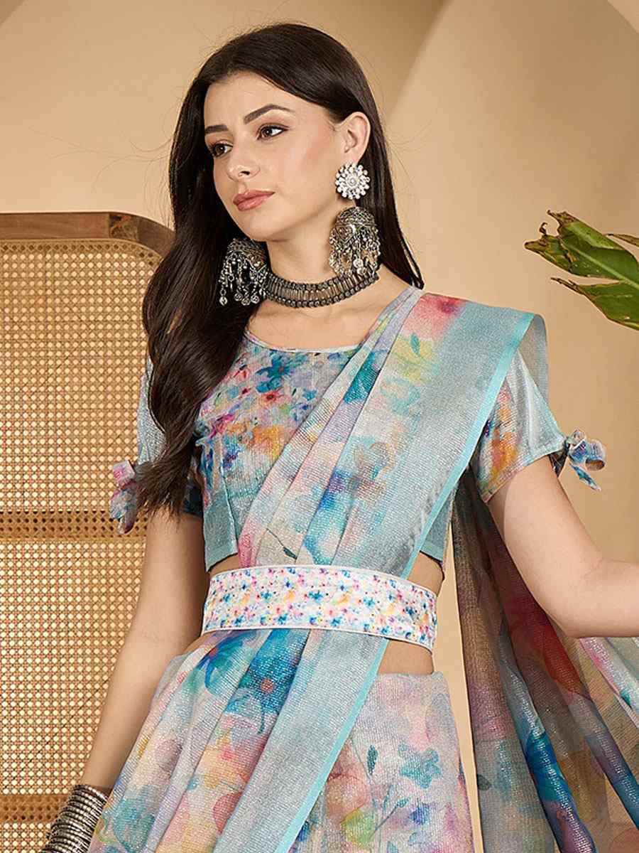Blue Linen Zari Silver Printed Casual Reception Festival Wedding Fancy Classic Style Sarees