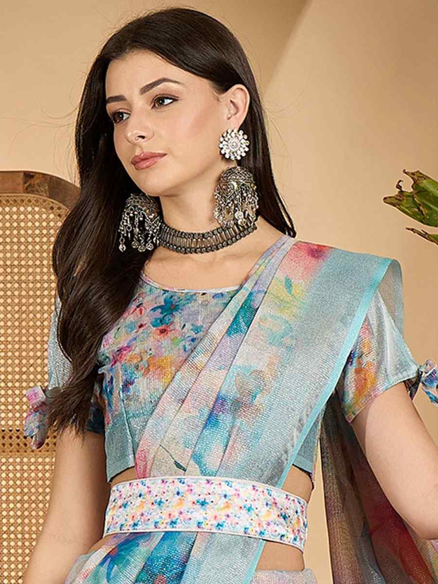 Blue Linen Zari Silver Printed Casual Reception Festival Wedding Fancy Classic Style Sarees