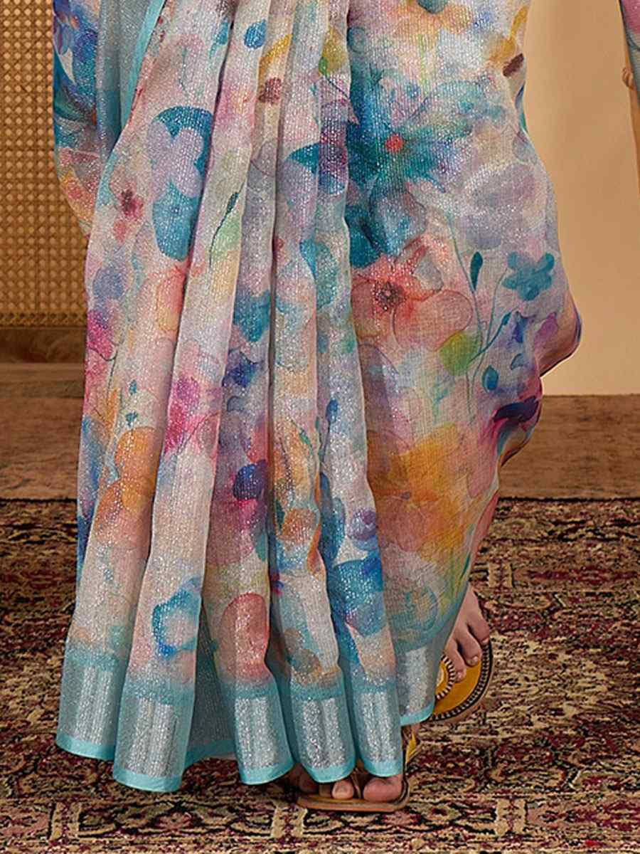 Blue Linen Zari Silver Printed Casual Reception Festival Wedding Fancy Classic Style Sarees