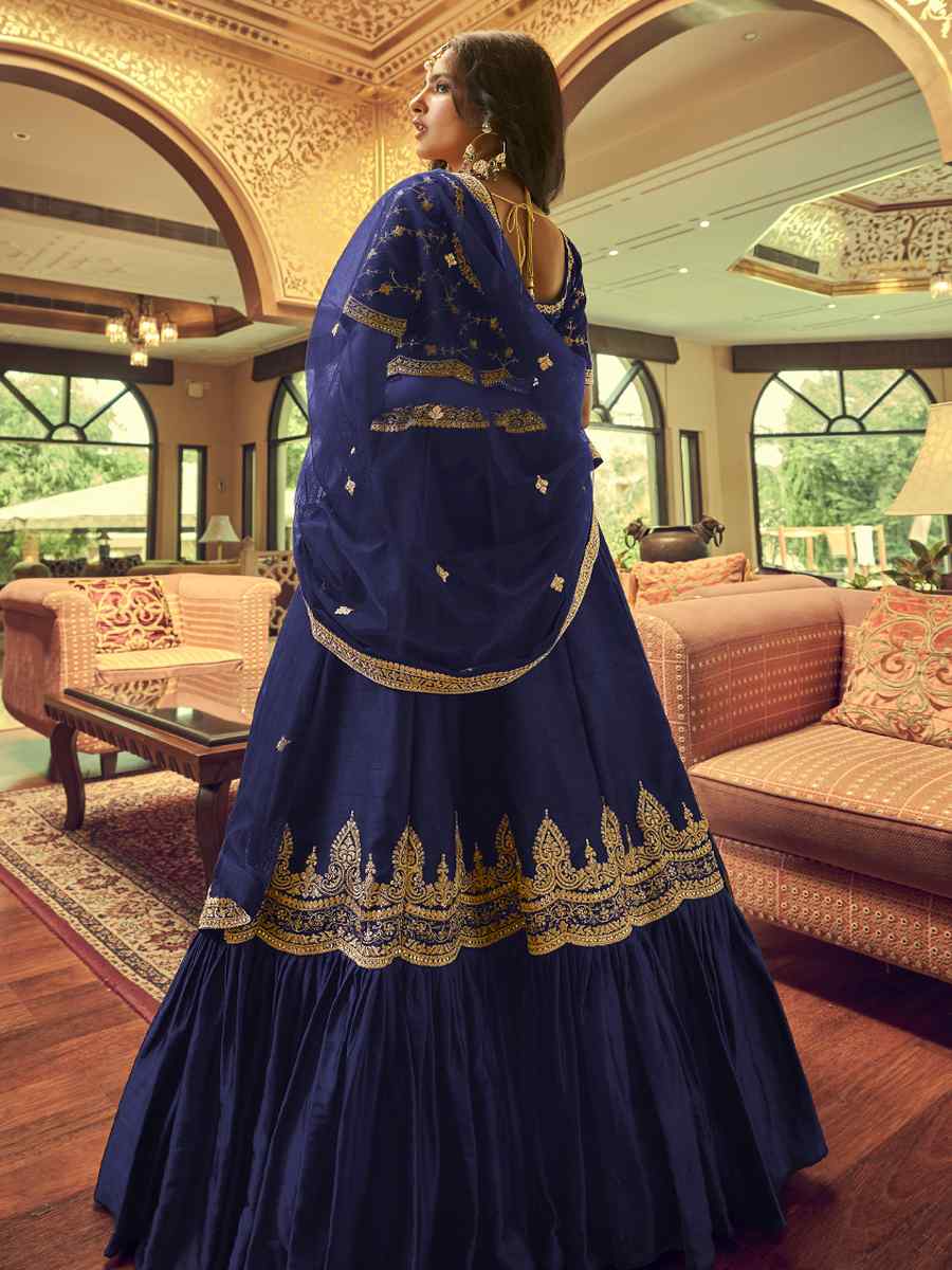 Blue Lino Silk Nylon Satin Embroidered Festival Party Wear Heavy Border Lehenga Choli