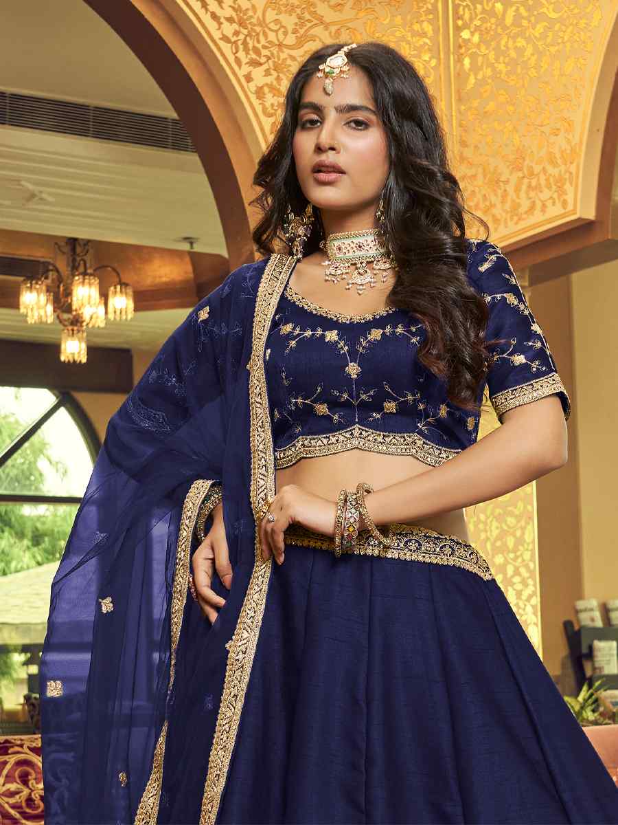 Blue Lino Silk Nylon Satin Embroidered Festival Party Wear Heavy Border Lehenga Choli