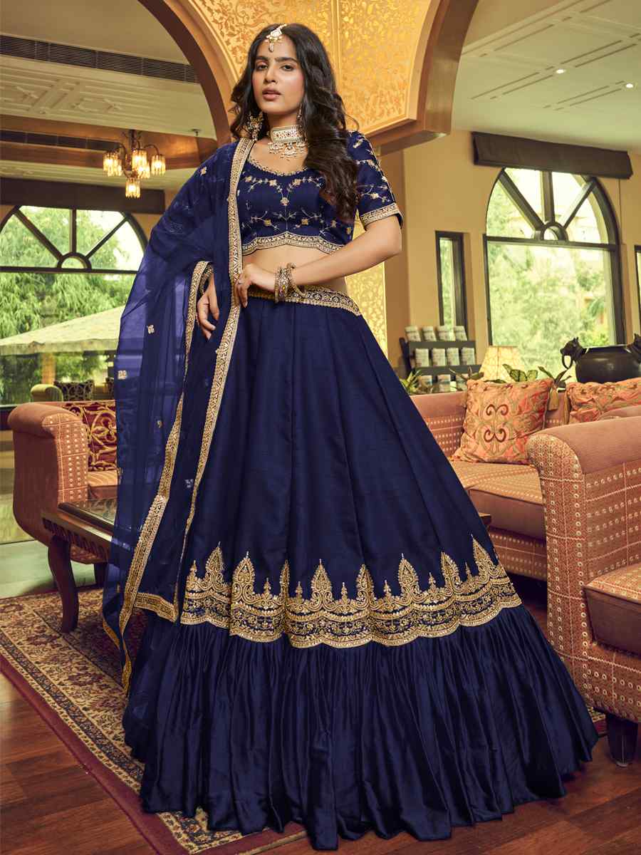 Blue Lino Silk Nylon Satin Embroidered Festival Party Wear Heavy Border Lehenga Choli