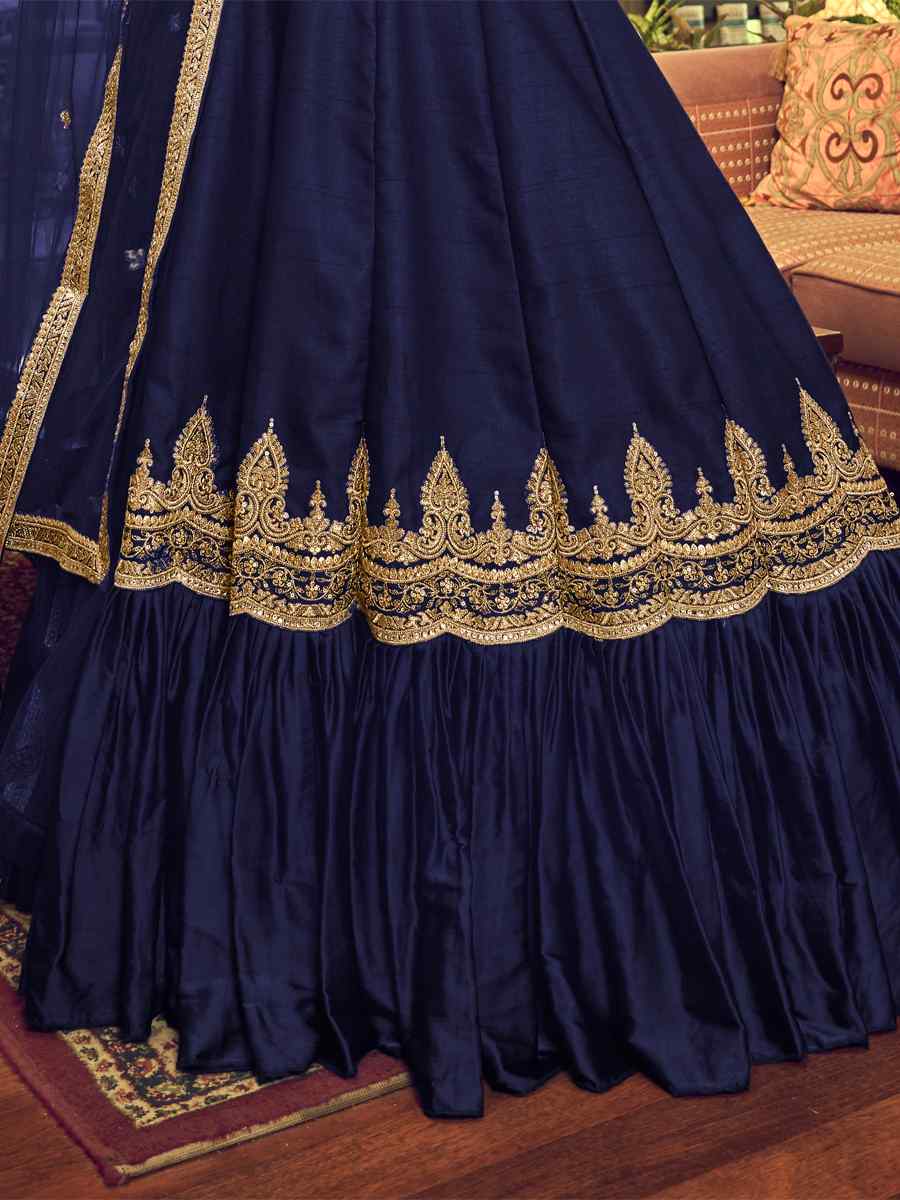 Blue Lino Silk Nylon Satin Embroidered Festival Party Wear Heavy Border Lehenga Choli
