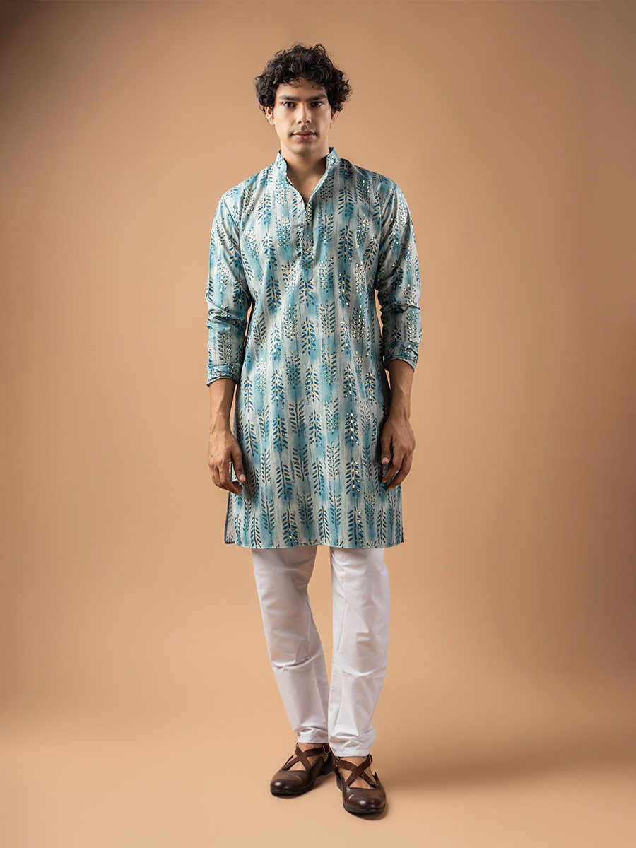Blue Magnet Printed Wedding Festival Party Wear Casual Mens Kurta