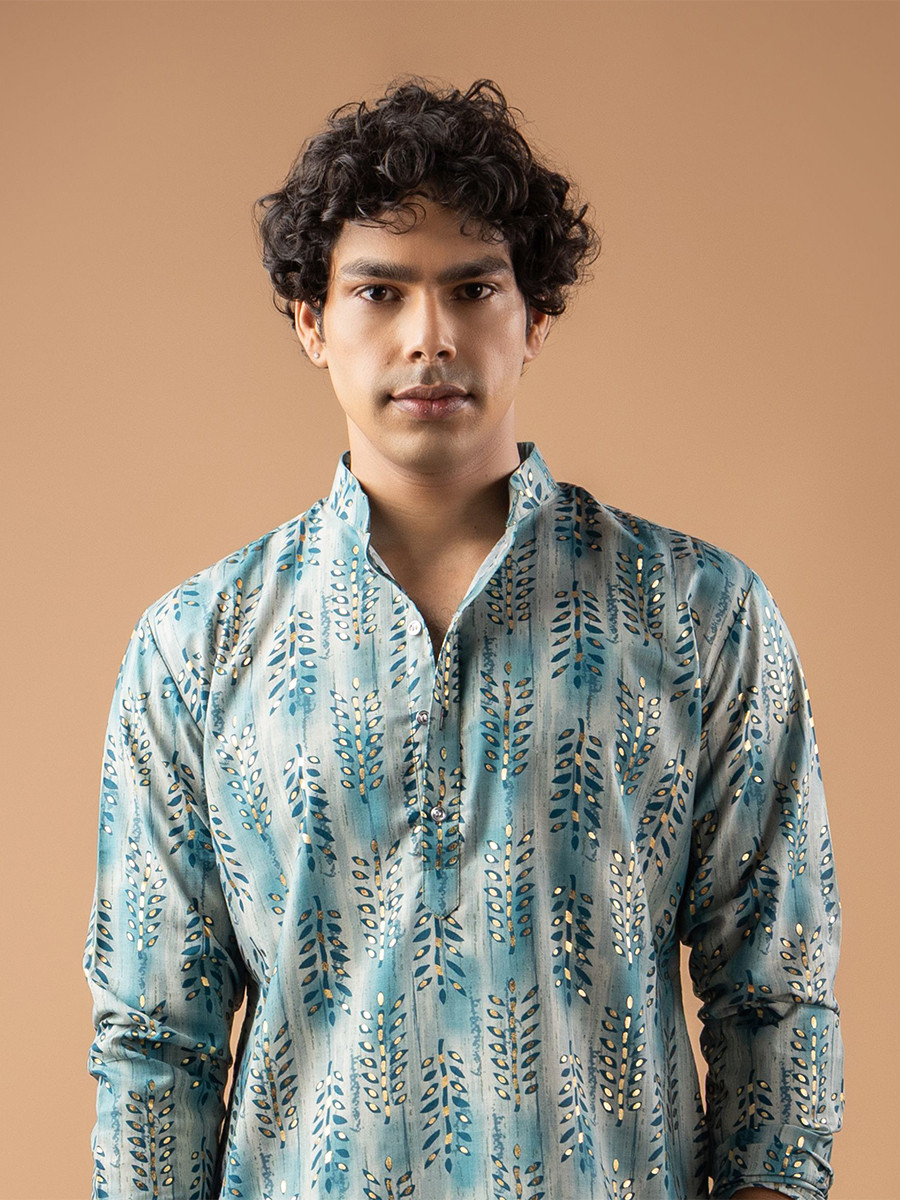 Blue Magnet Printed Wedding Festival Party Wear Casual Mens Kurta