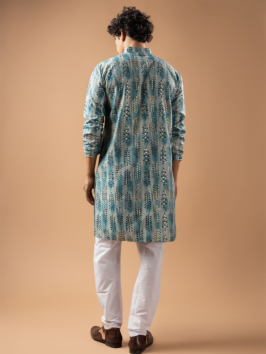 Blue Magnet Printed Wedding Festival Party Wear Casual Mens Kurta