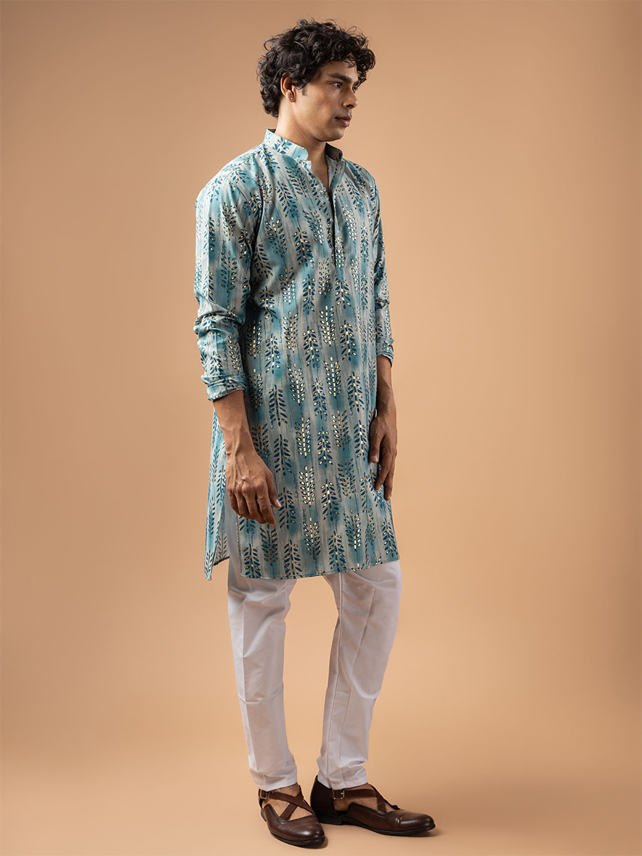 Blue Magnet Printed Wedding Festival Party Wear Casual Mens Kurta
