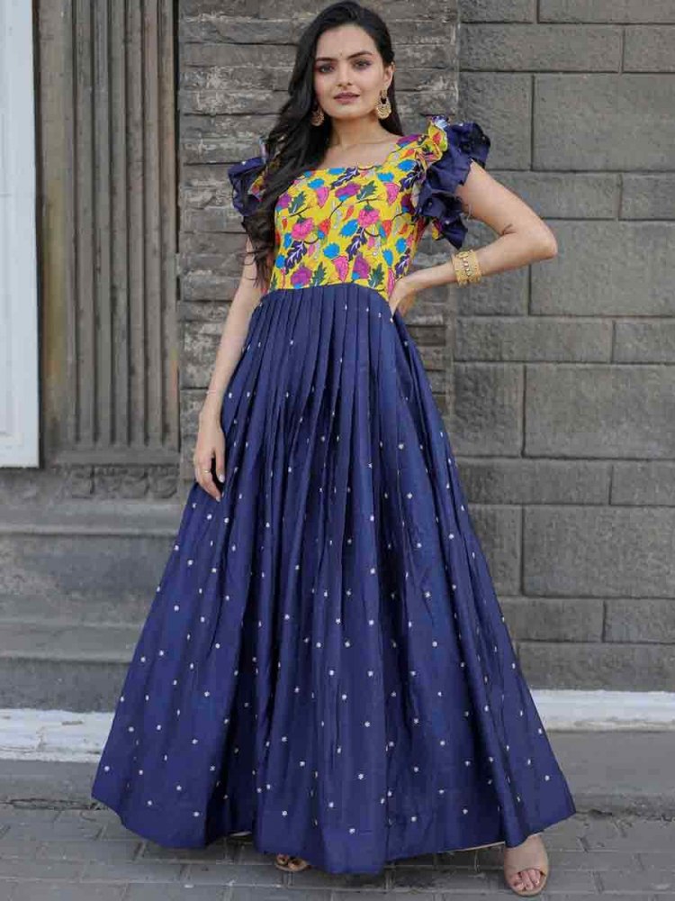 Blue Maslin Chinon Embroidered Festival Casual Gown