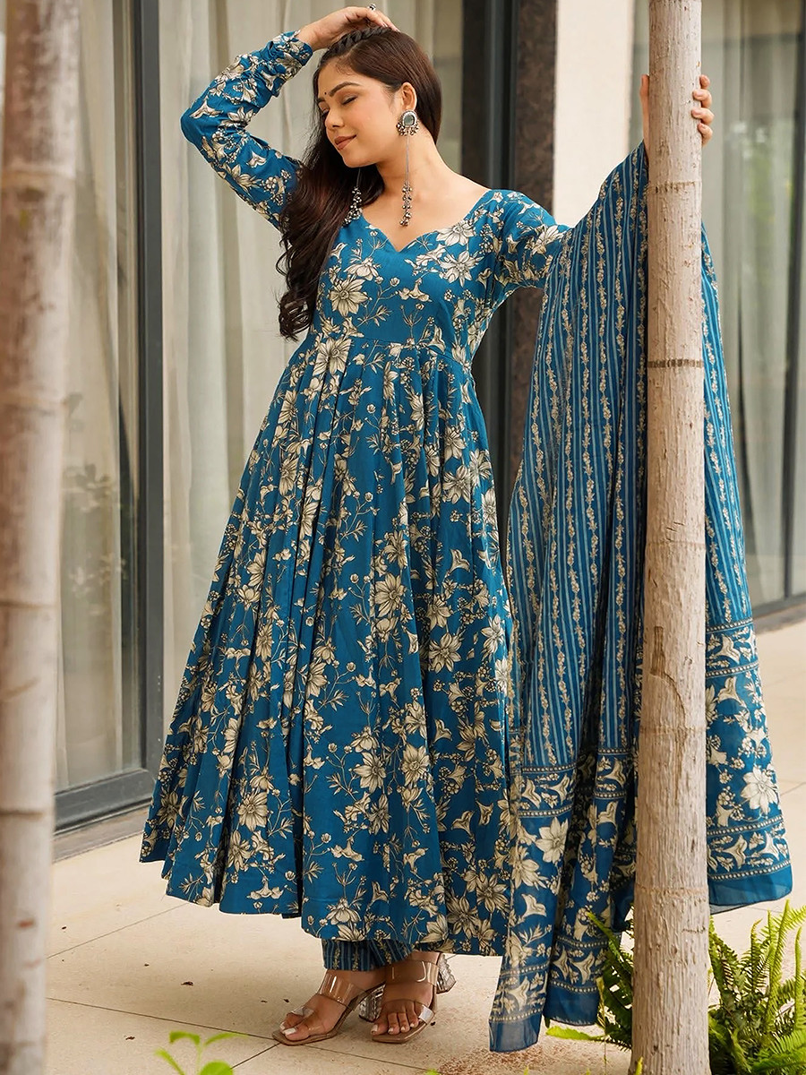 Blue Maslin Printed Floral Wedding Party Festival Ready Anarkali Pant Salwar Kameez