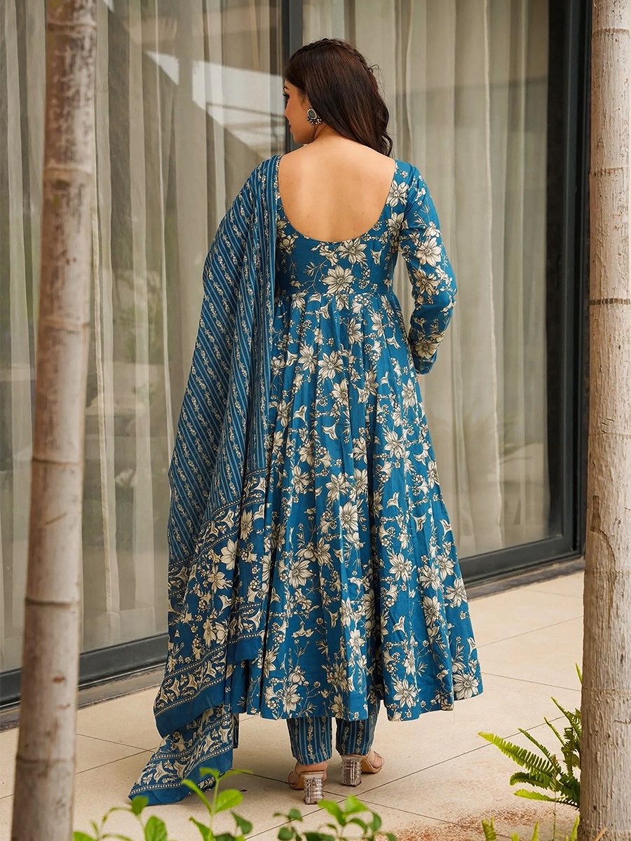 Blue Maslin Printed Floral Wedding Party Festival Ready Anarkali Pant Salwar Kameez