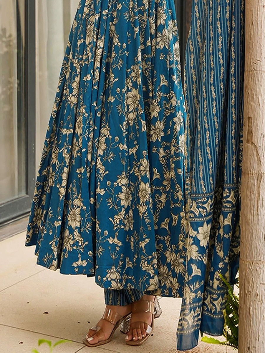 Blue Maslin Printed Floral Wedding Party Festival Ready Anarkali Pant Salwar Kameez