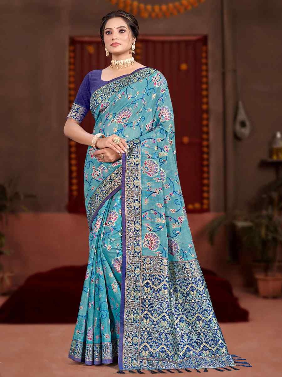 Blue Meenakari Cotton Silk Handwoven Casual Reception Festival Wedding Fancy Classic Style Sarees
