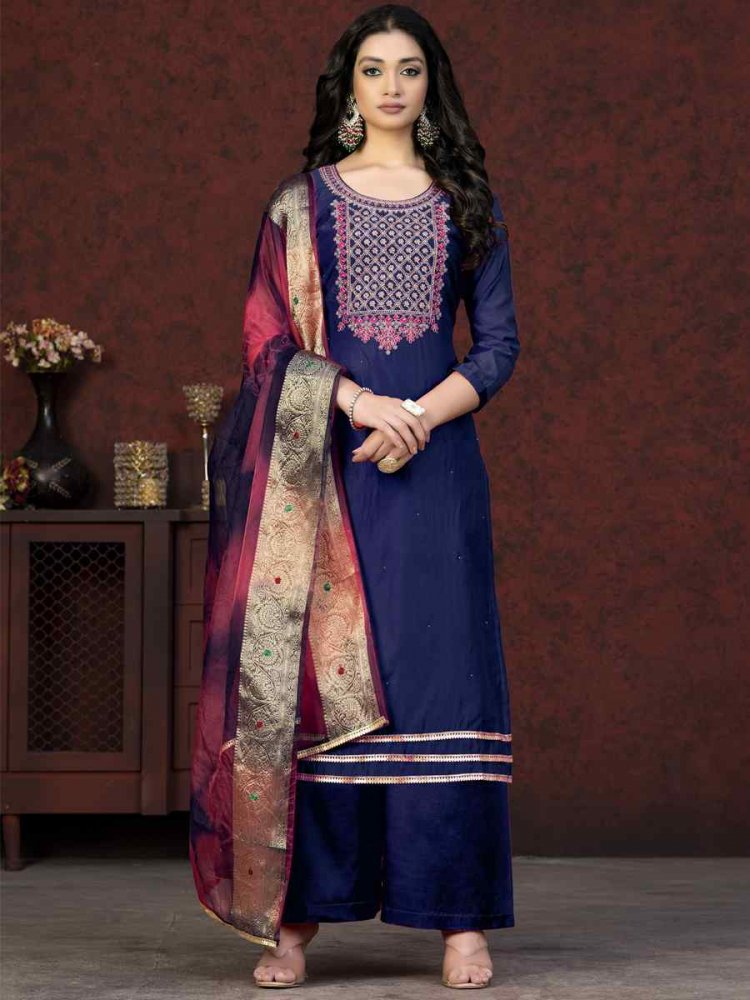 Blue Modal Chanderi Embroidered Casual Festival Pant Salwar Kameez