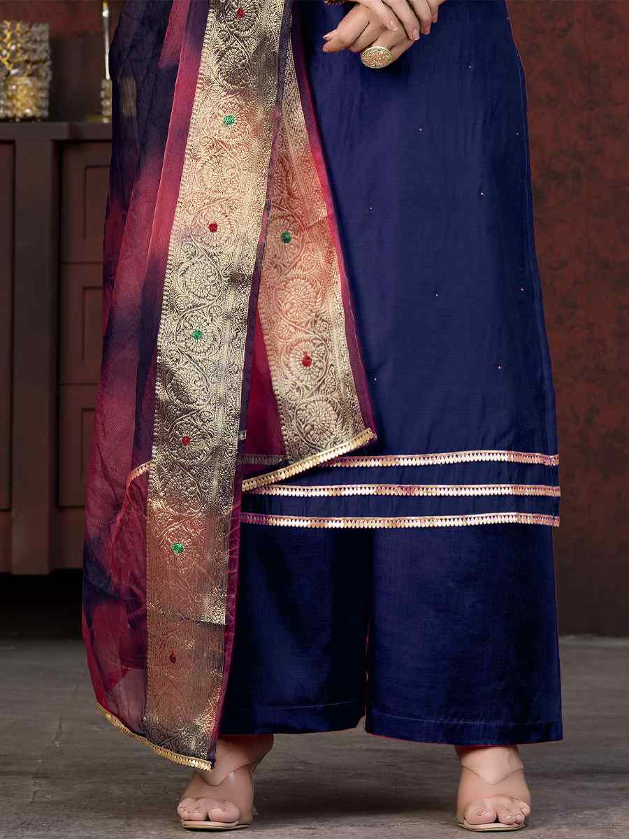 Blue Modal Chanderi Embroidered Casual Festival Pant Salwar Kameez