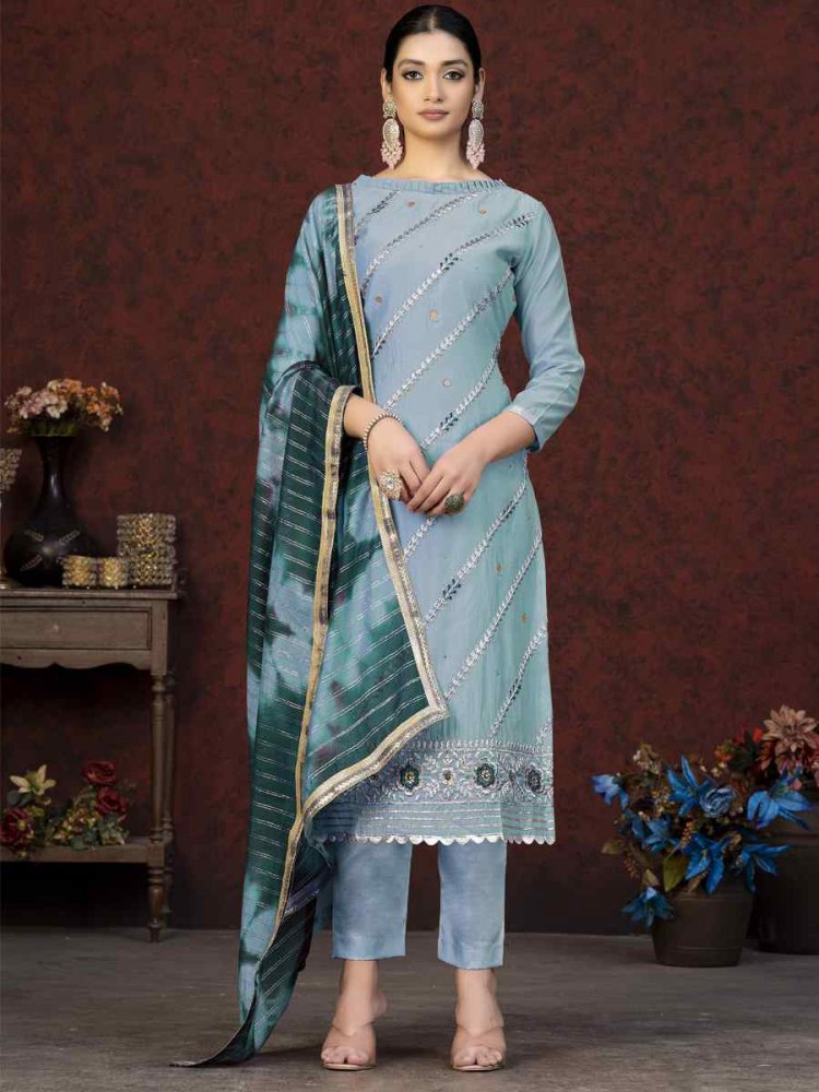 Blue Modal Chanderi Embroidered Casual Festival Pant Salwar Kameez
