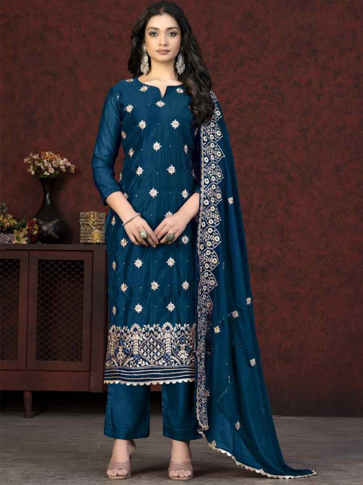 Blue Modal Chanderi Embroidered Casual Festival Pant Salwar Kameez