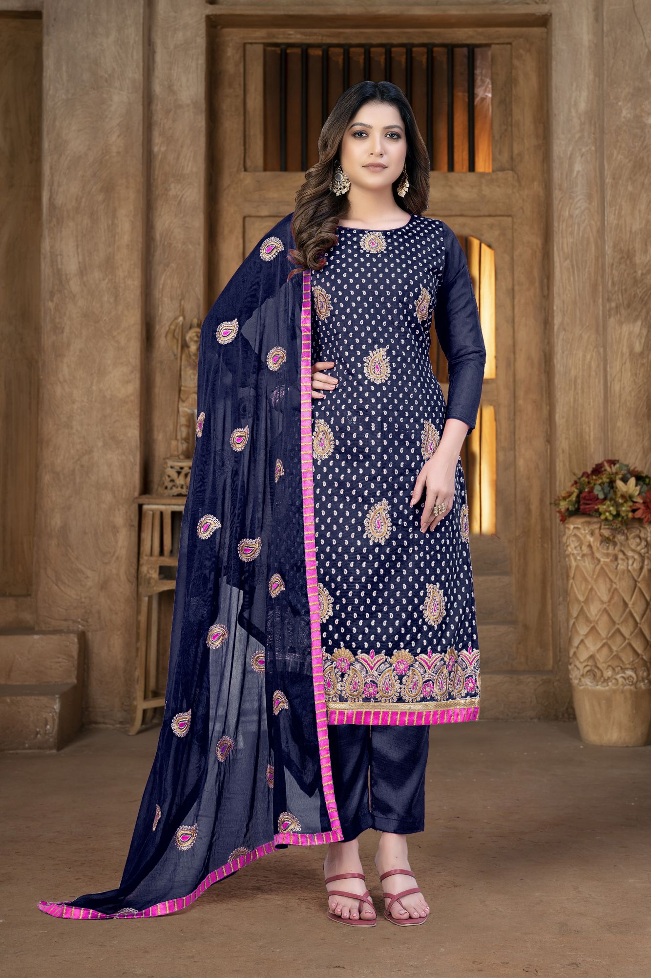 Blue Modal Chanderi Zari Festival Party Pant Salwar Kameez