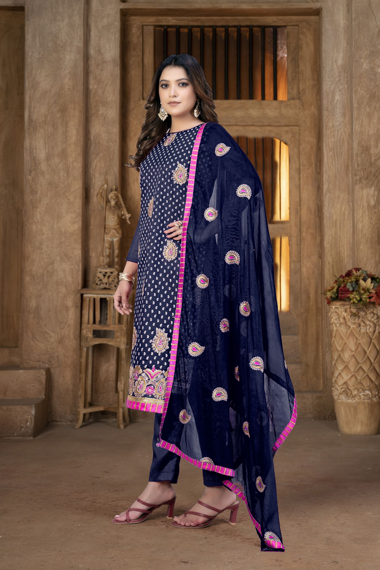 Blue Modal Chanderi Zari Festival Party Pant Salwar Kameez