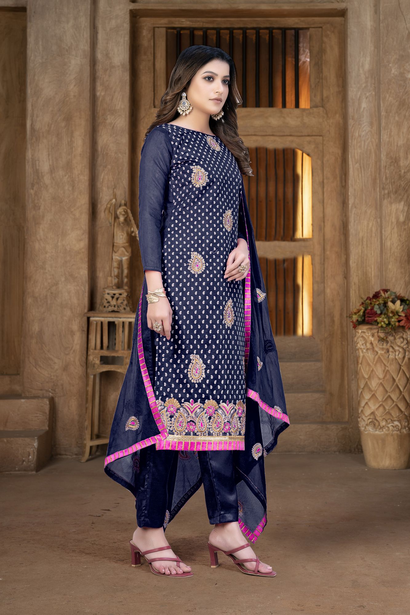 Blue Modal Chanderi Zari Festival Party Pant Salwar Kameez