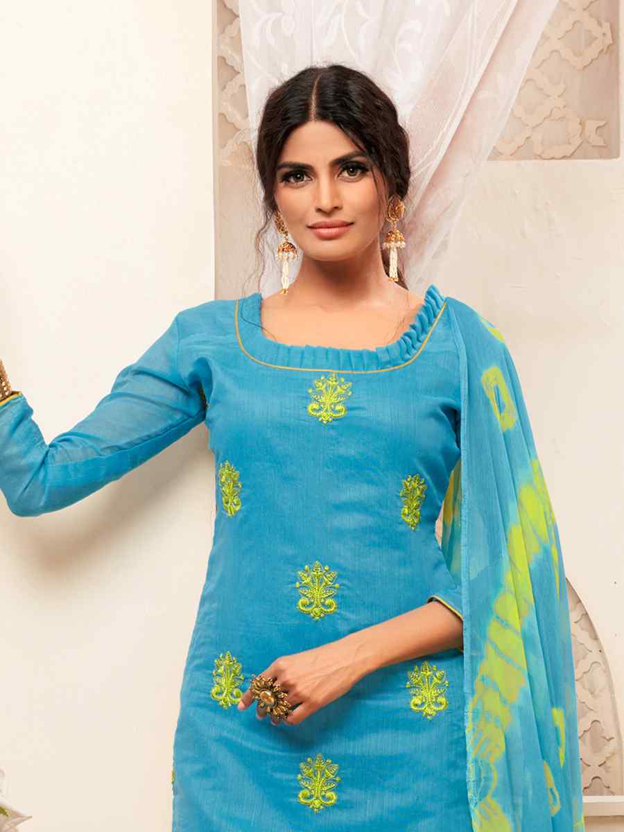 Blue Modal Silk Printed Casual Festival Churidar Salwar Kameez