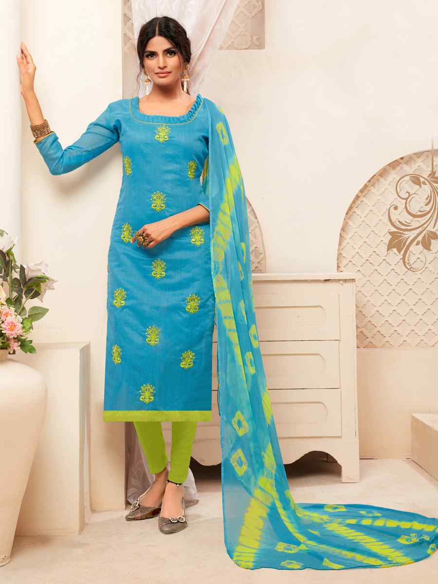 Blue Modal Silk Printed Casual Festival Churidar Salwar Kameez