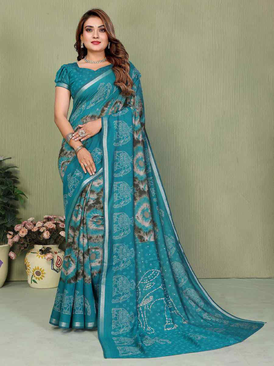 Blue Mul Cotton Printed Casual Reception Festival Wedding Fancy Classic Style Sarees