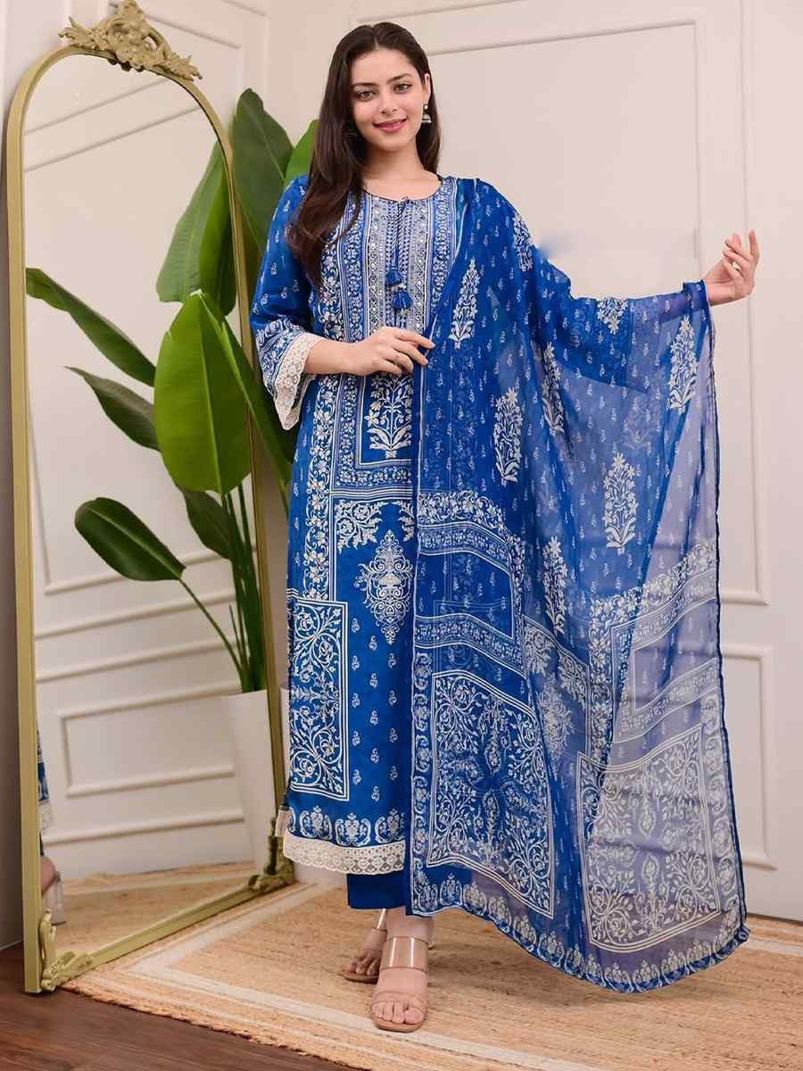 Blue Muslin Cotton Embroidered Festival Casual Pant Salwar Kameez
