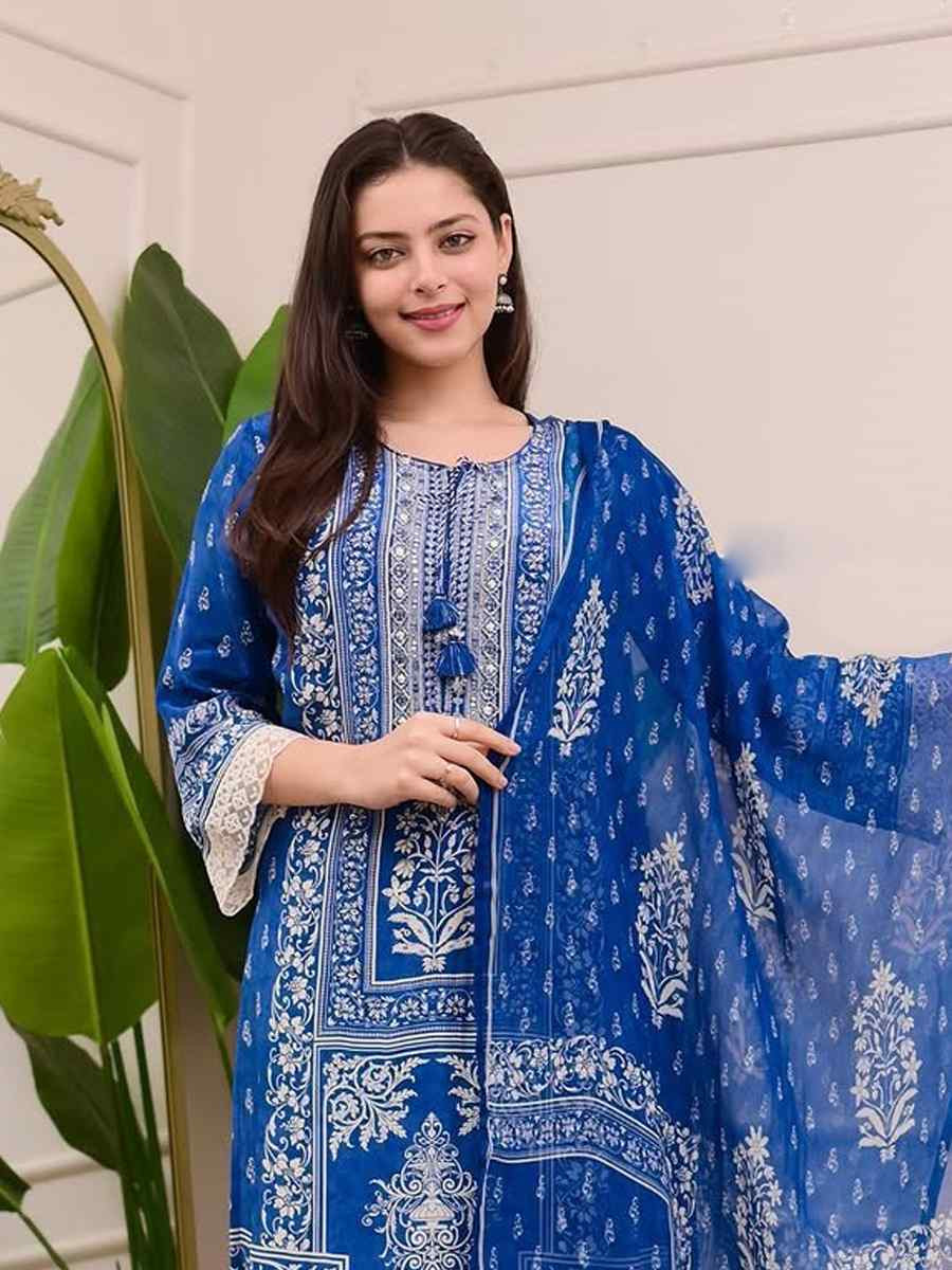 Blue Muslin Cotton Embroidered Festival Casual Pant Salwar Kameez