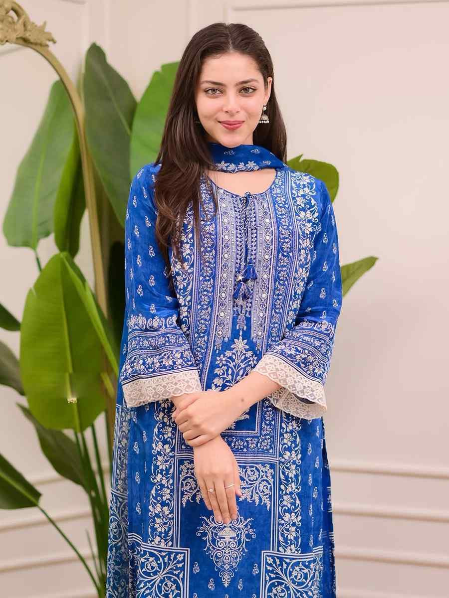 Blue Muslin Cotton Embroidered Festival Casual Pant Salwar Kameez