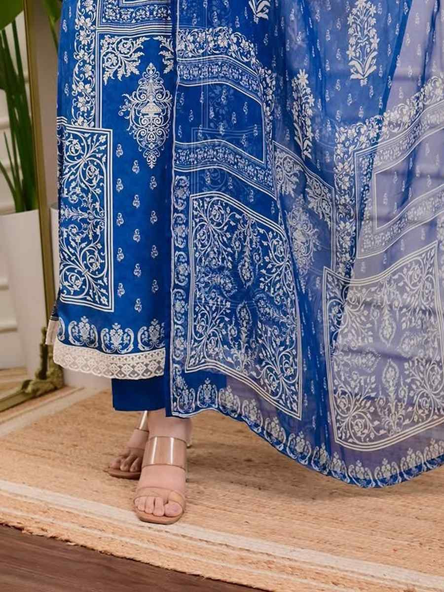Blue Muslin Cotton Embroidered Festival Casual Pant Salwar Kameez