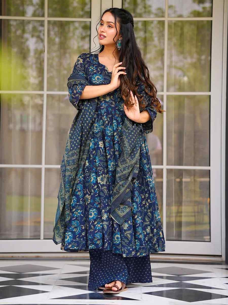 Blue Muslin Cotton Printed Party Wedding Festival Casual Ready Anarkali Salwar Kameez