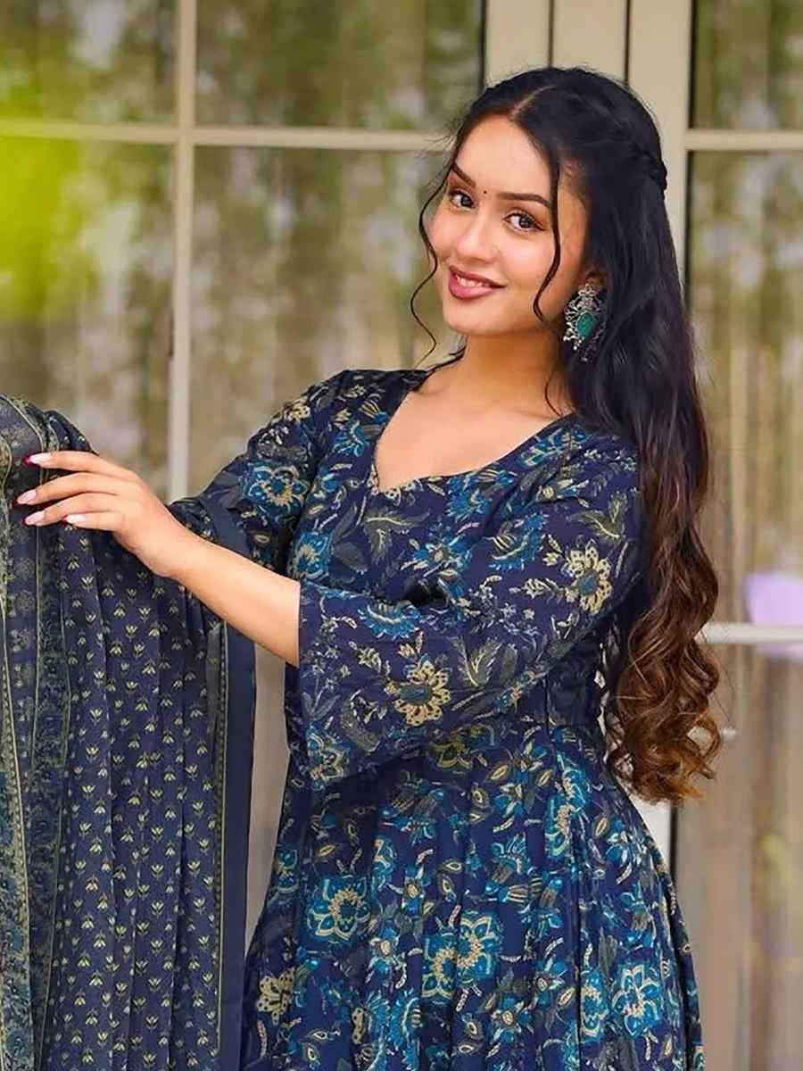 Blue Muslin Cotton Printed Party Wedding Festival Casual Ready Anarkali Salwar Kameez