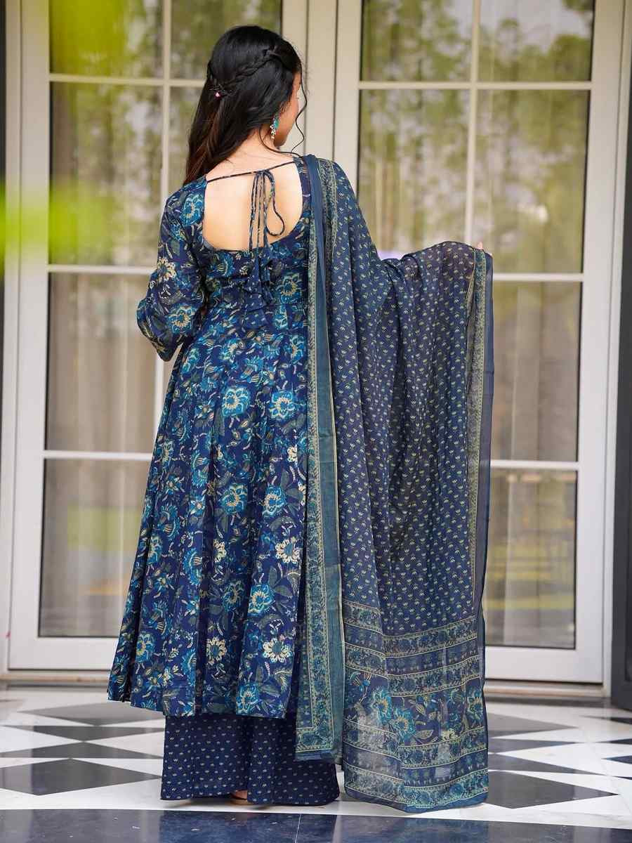 Blue Muslin Cotton Printed Party Wedding Festival Casual Ready Anarkali Salwar Kameez