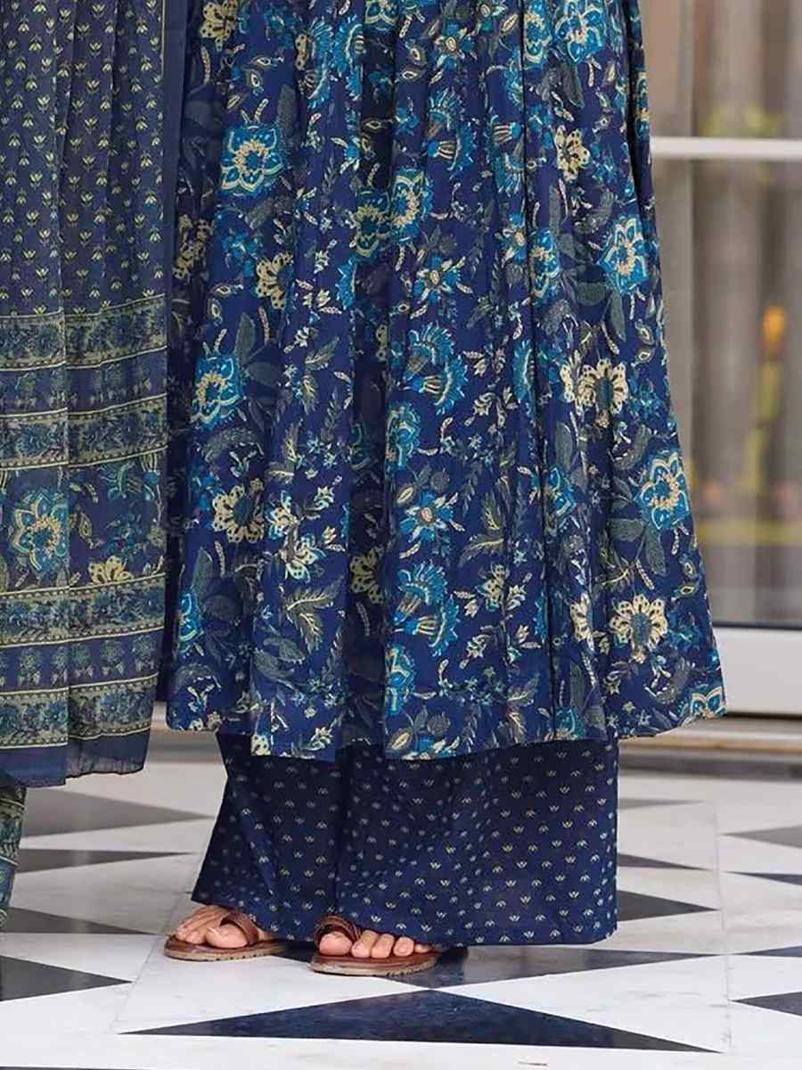 Blue Muslin Cotton Printed Party Wedding Festival Casual Ready Anarkali Salwar Kameez