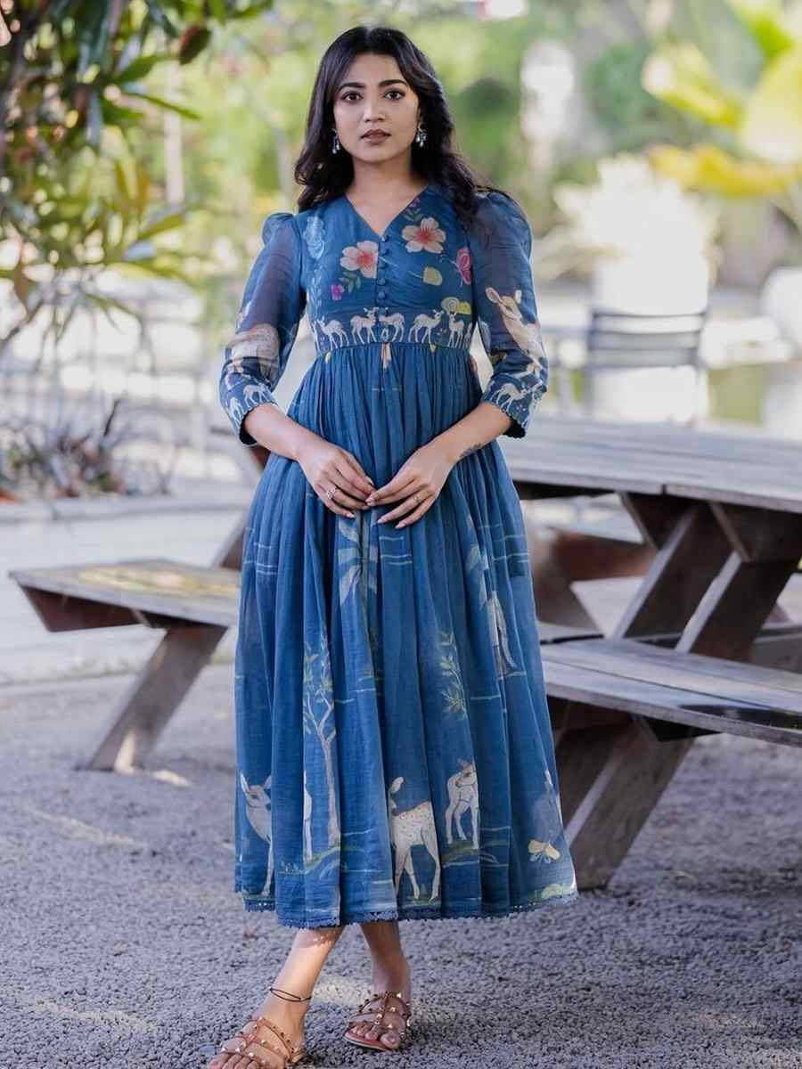 Blue Muslin Printed Festival Casual Wedding Gown