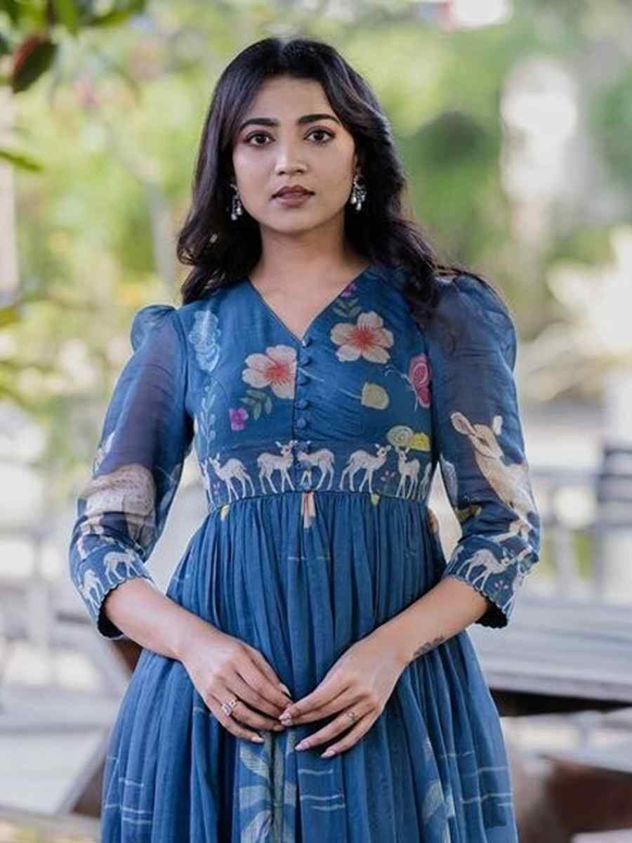 Blue Muslin Printed Festival Casual Wedding Gown