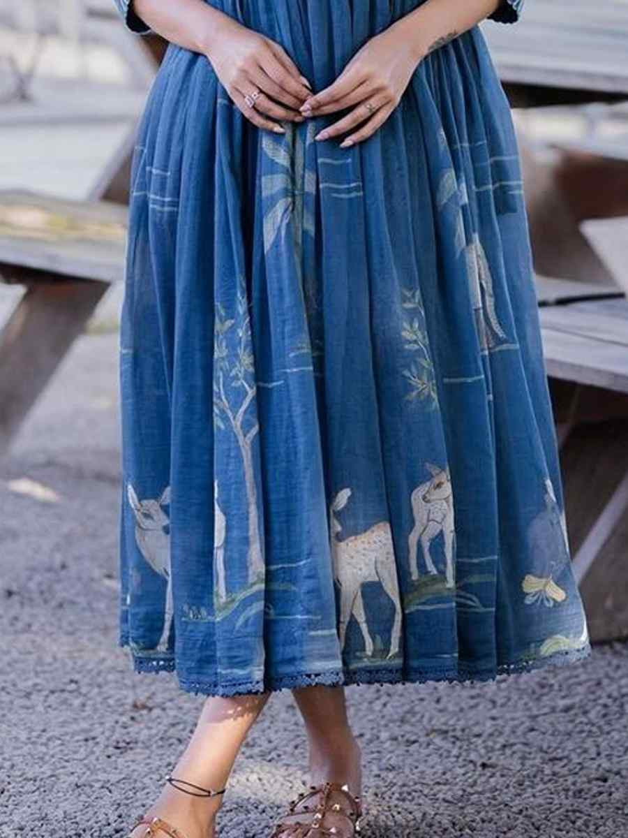 Blue Muslin Printed Festival Casual Wedding Gown