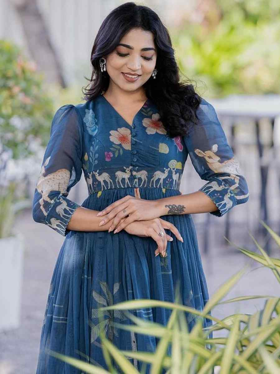 Blue Muslin Printed Festival Casual Wedding Gown