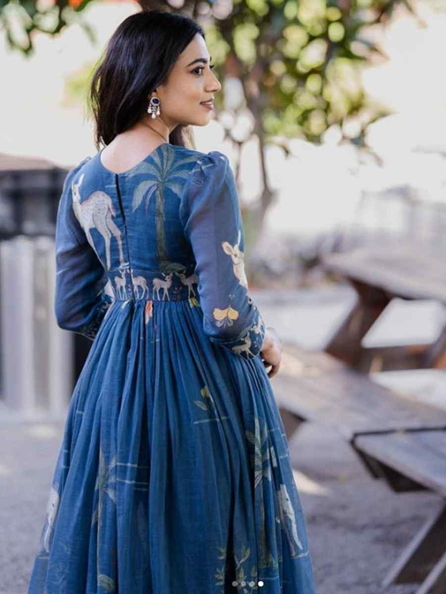 Blue Muslin Printed Festival Casual Wedding Gown