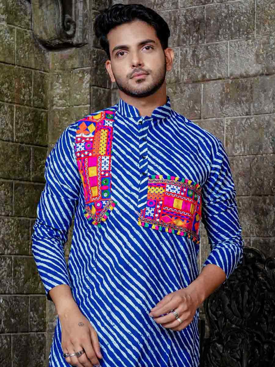 Blue Muslin Printed Festival Kurta