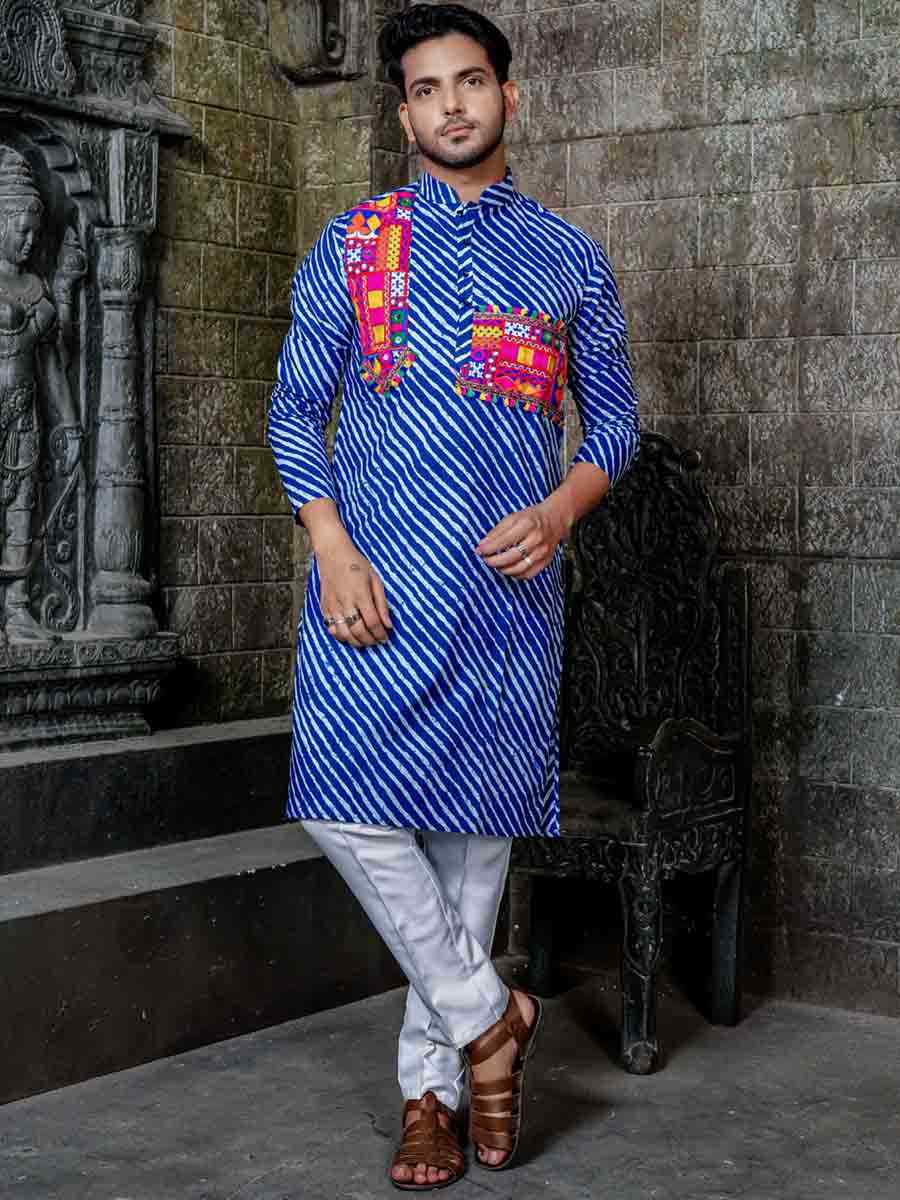 Blue Muslin Printed Festival Kurta