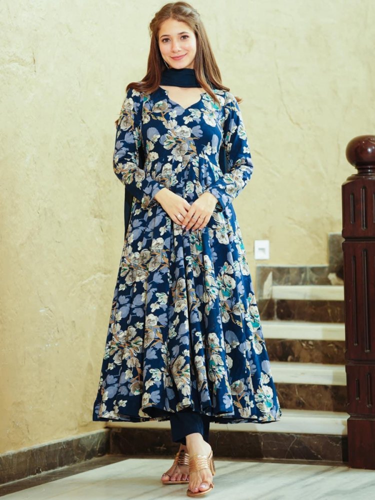 Blue Muslin Printed Festival Party Kurti