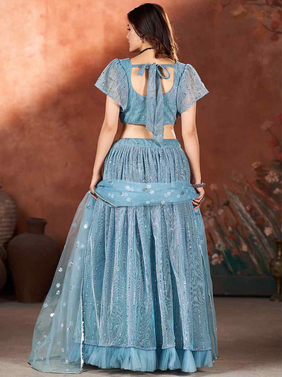 Blue Net Embroidered Bridesmaid Wedding Heavy Border Lehenga Choli