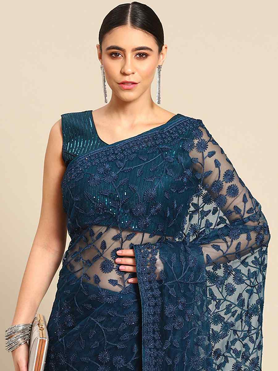 Blue Net Embroidered Festival Party Heavy Border Saree