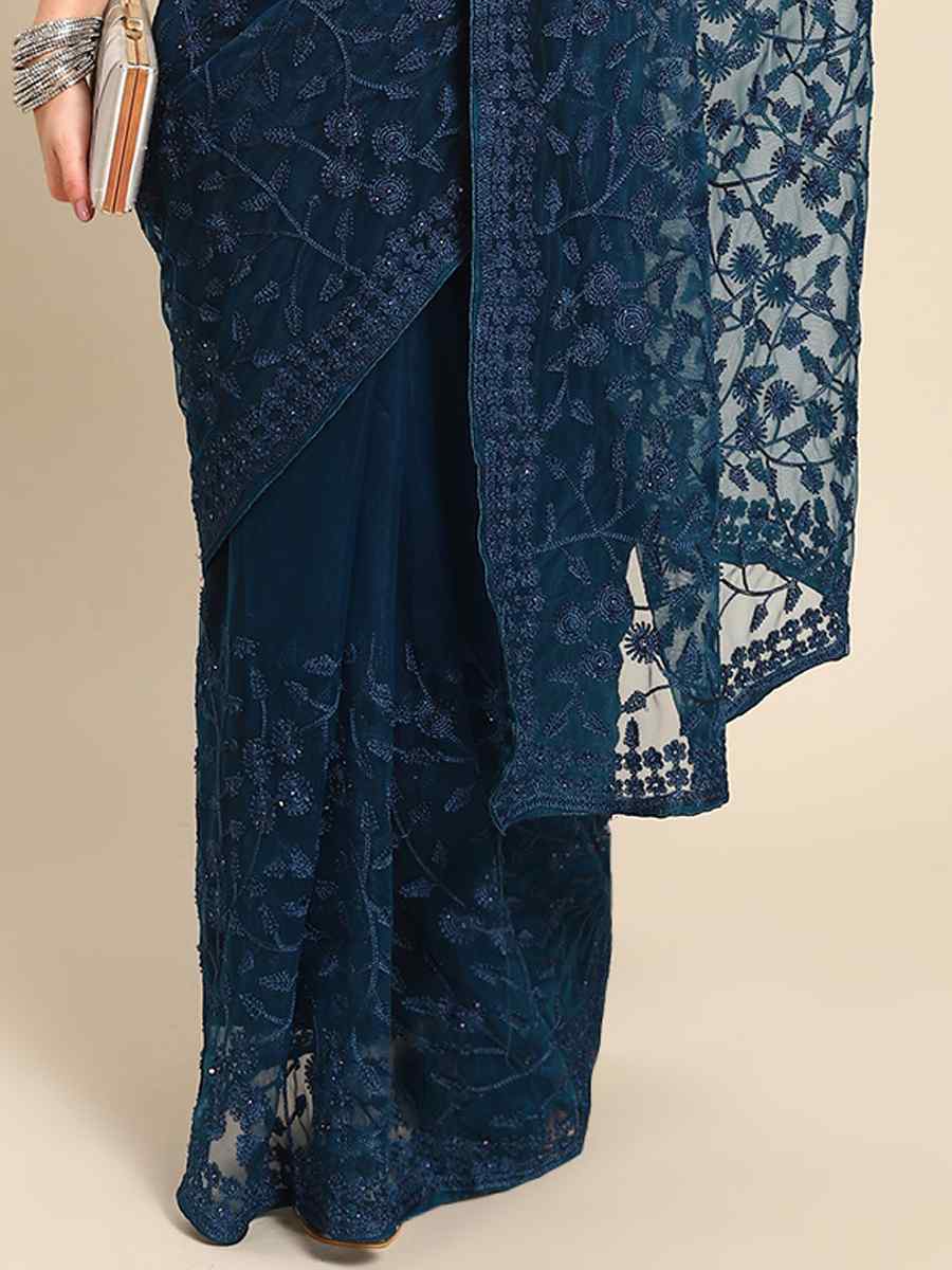 Blue Net Embroidered Festival Party Heavy Border Saree