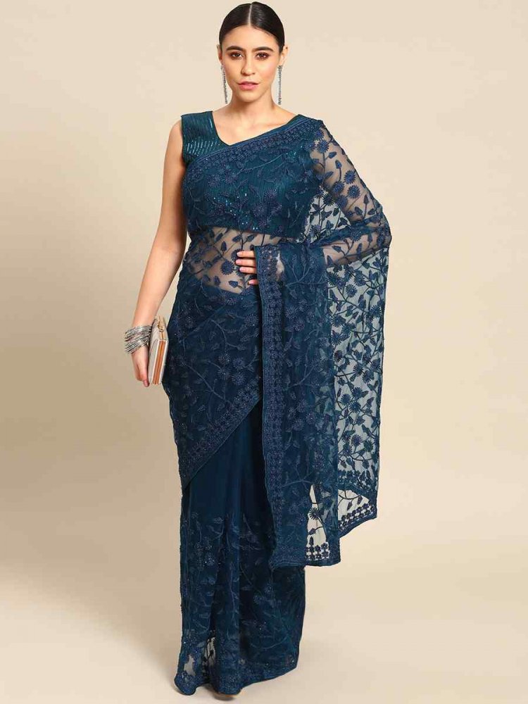 Blue Net Embroidered Festival Party Heavy Border Saree