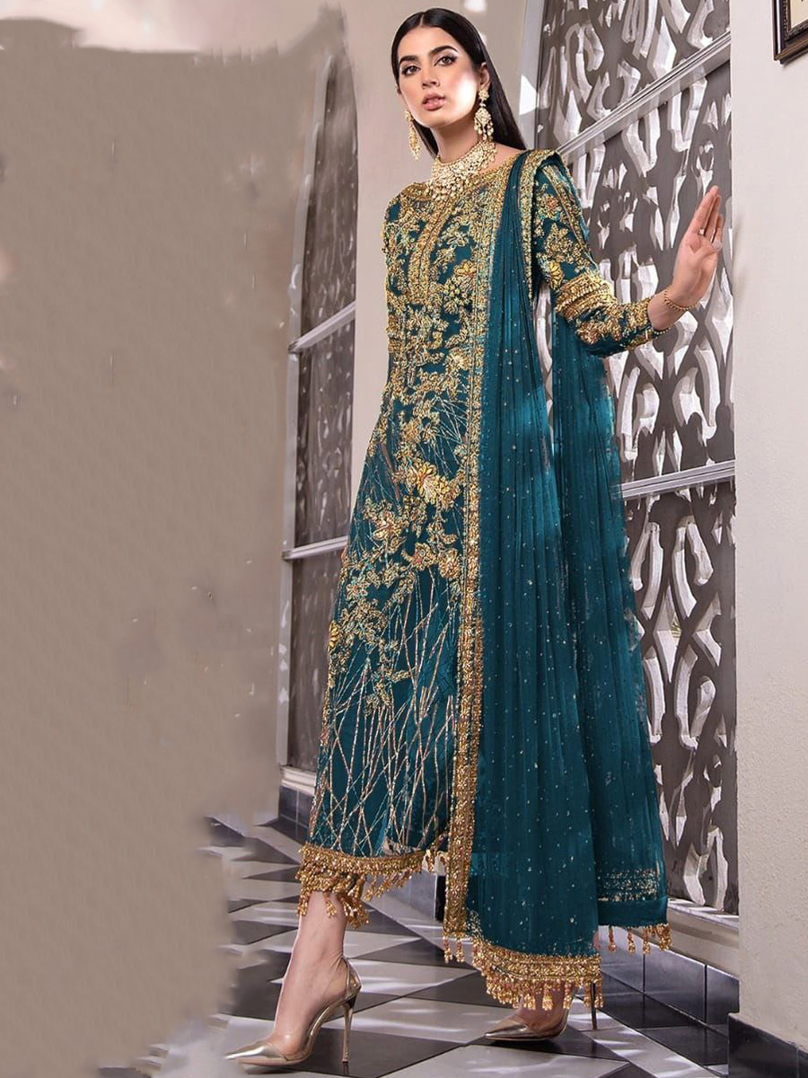 Blue Net Embroidered Festival Party Pant Salwar Kameez